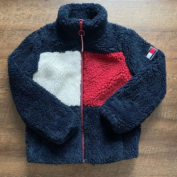 TOMMY HILFIGER Women's Sherpa Jacket Color block logo full-zip teddy bear XS EUC - Picture 9 of 16